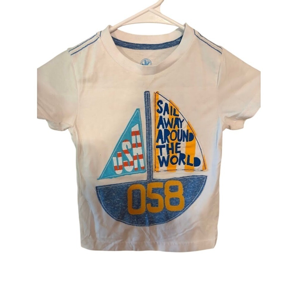 J Khaki Boys White Sailboat Graphic T-Shirt Short Sleeve Nautical Tee Size 2T